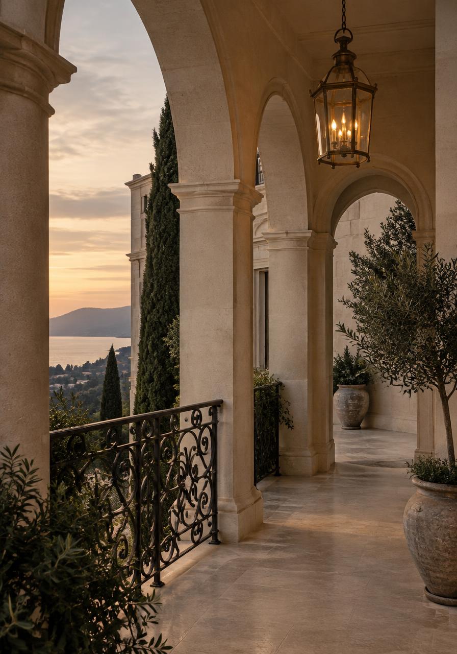 Lantern-lit limestone arches with wrought-iron railing, conceptual artwork